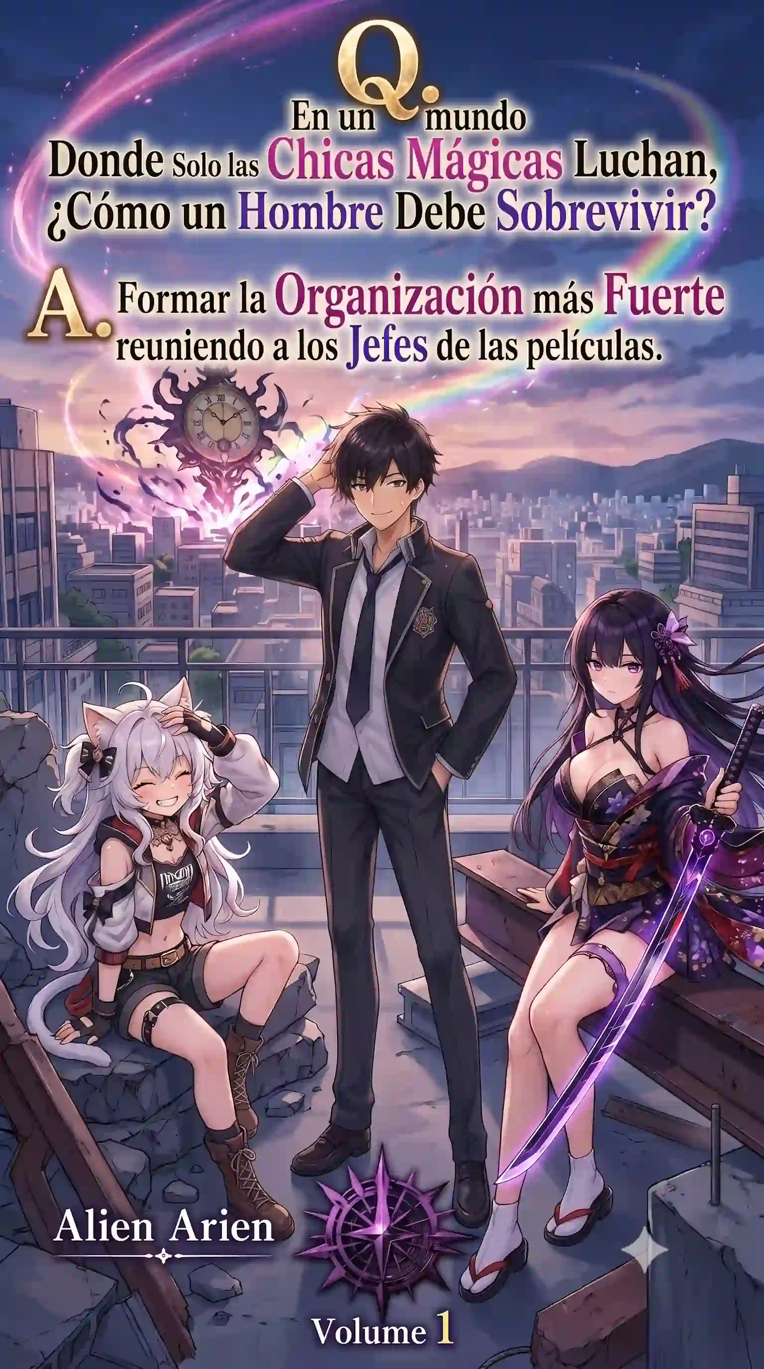 Q. En un mundo donde solo las chicas mágicas luchan, ¿cuál es el método de supervivencia de un hombre? A. Reunir a los jefes de las películas para crear la organización más fuerte. 